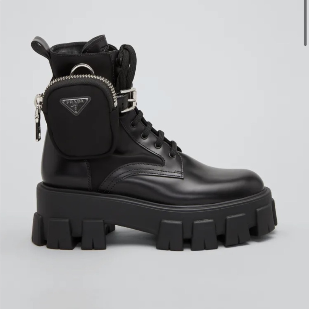 Prada combat leather boots with pouch